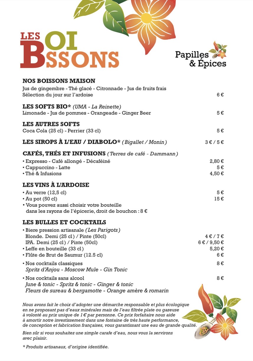 Papilles & Epices menu 2