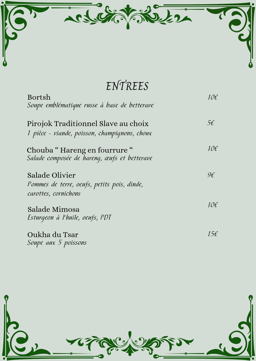 L'Ermitage Restaurant Russe Paris 16 menu 1