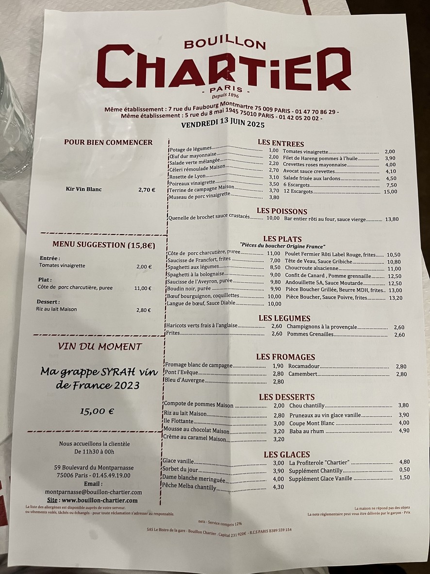 Bouillon Chartier Montparnasse menu 1