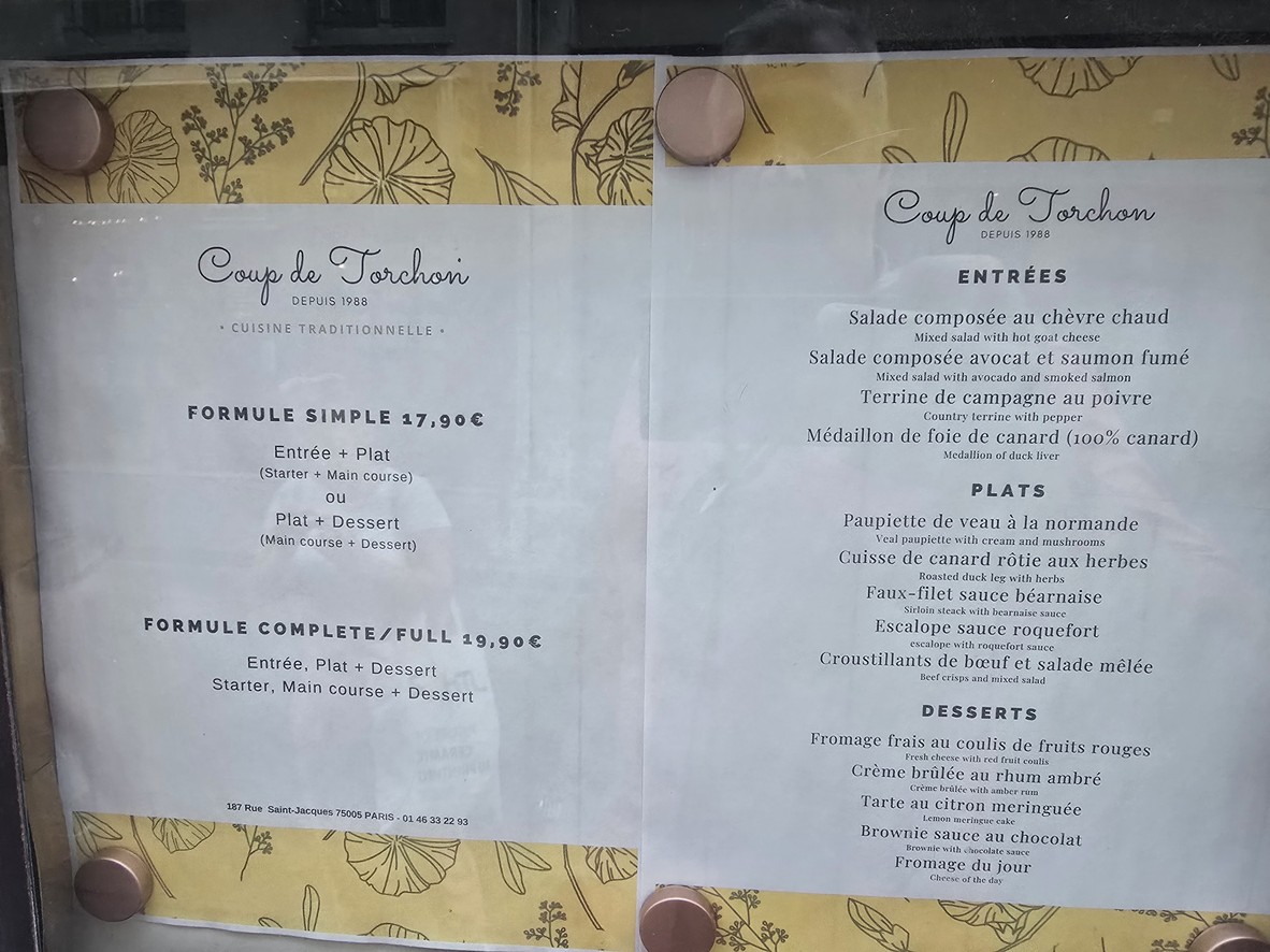 Le Coup de Torchon menu 1