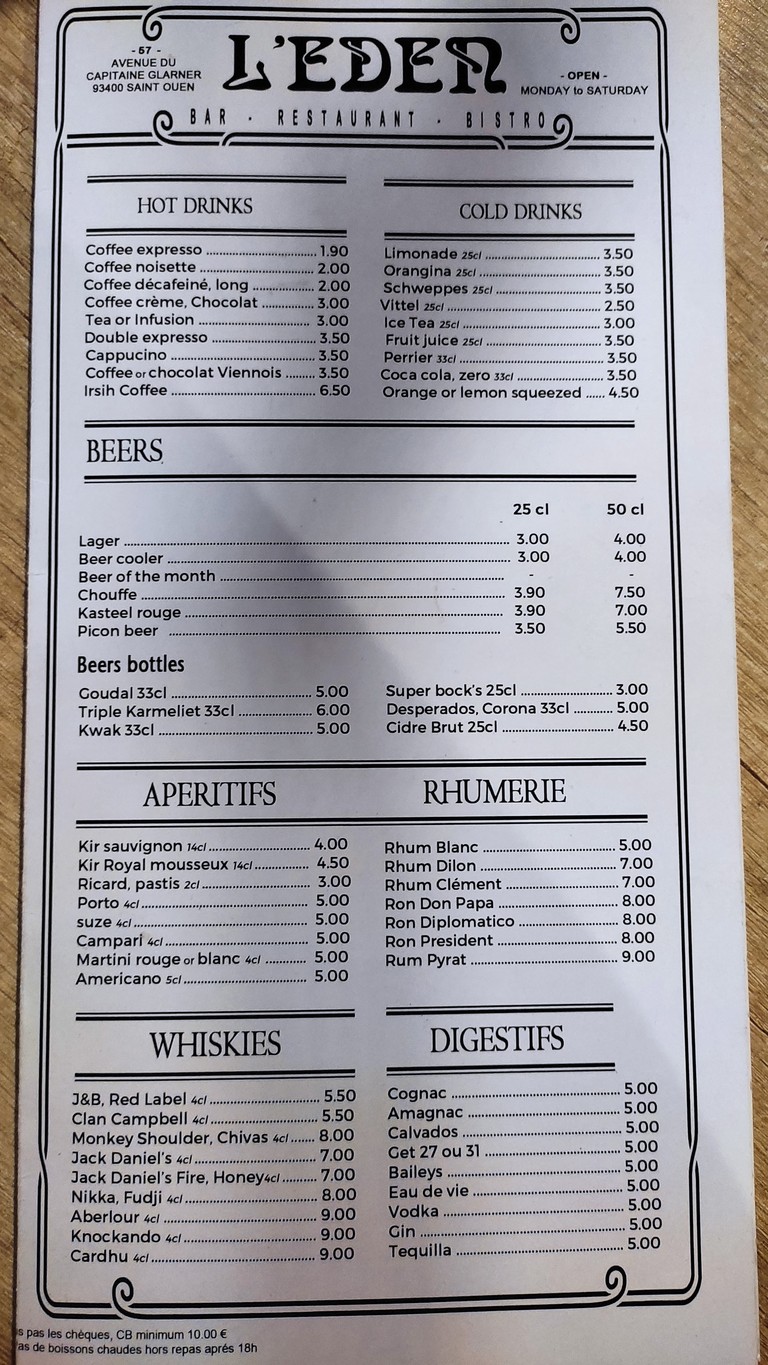 Restaurant l'Eden. menu 1