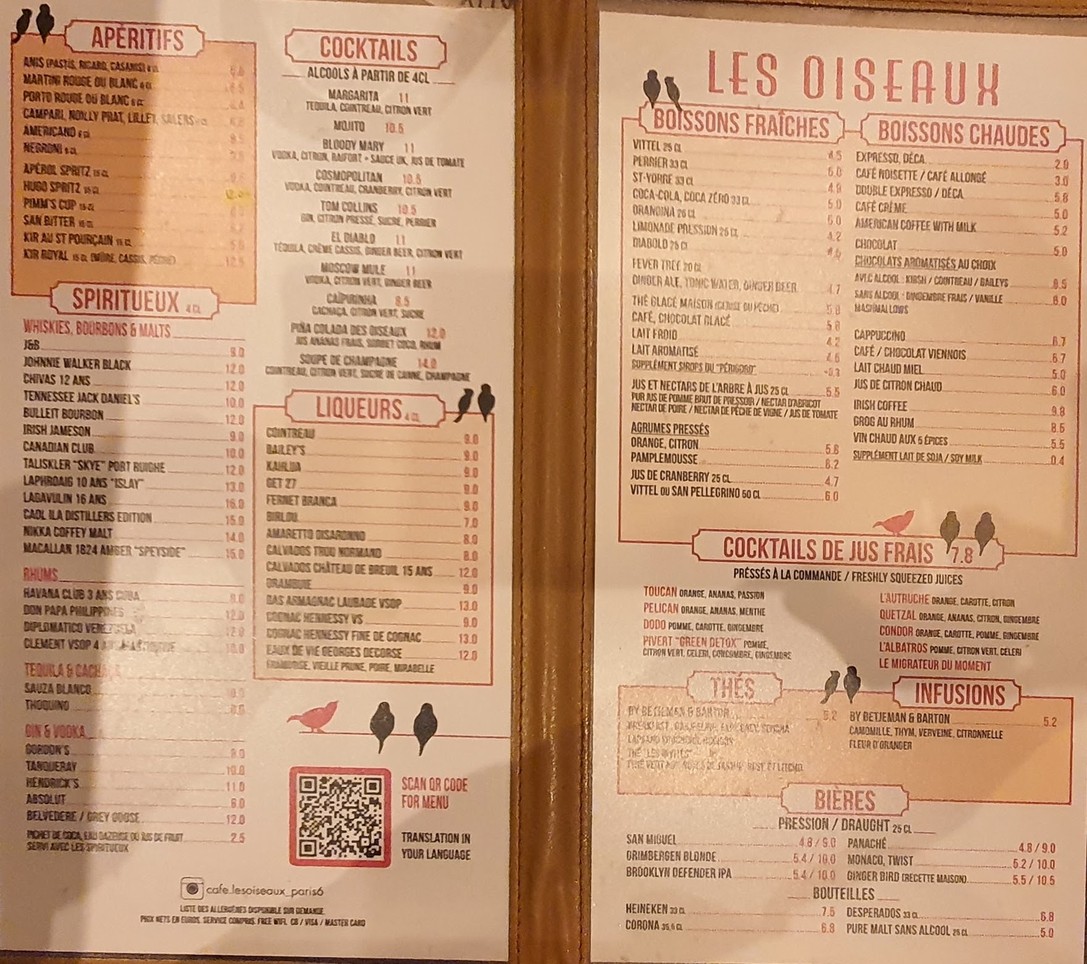 Les Oiseaux menu 1