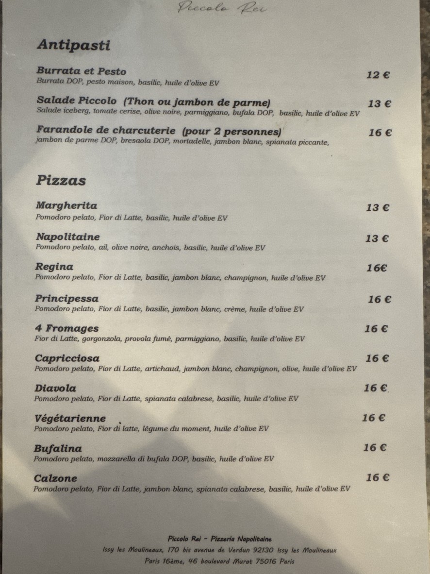 Piccolo Rei menu 1