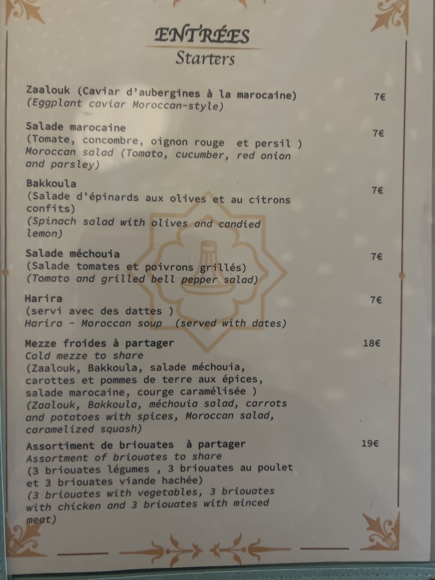 La Table Marocaine du XV menu 1