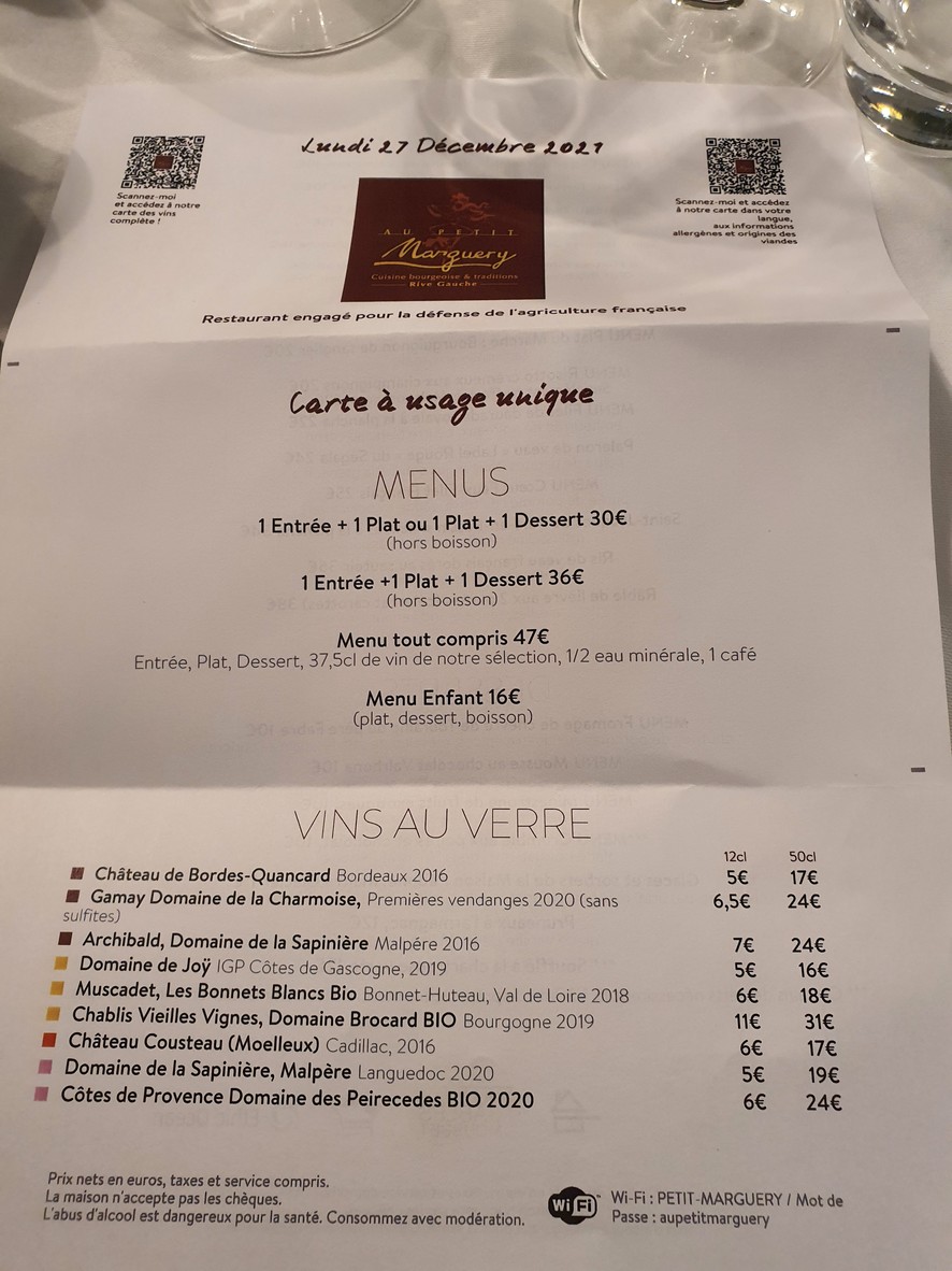 Au Petit Marguery menu 1