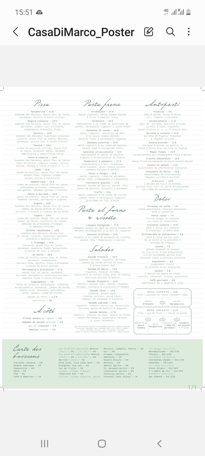 Casa di Marco Paris menu 1