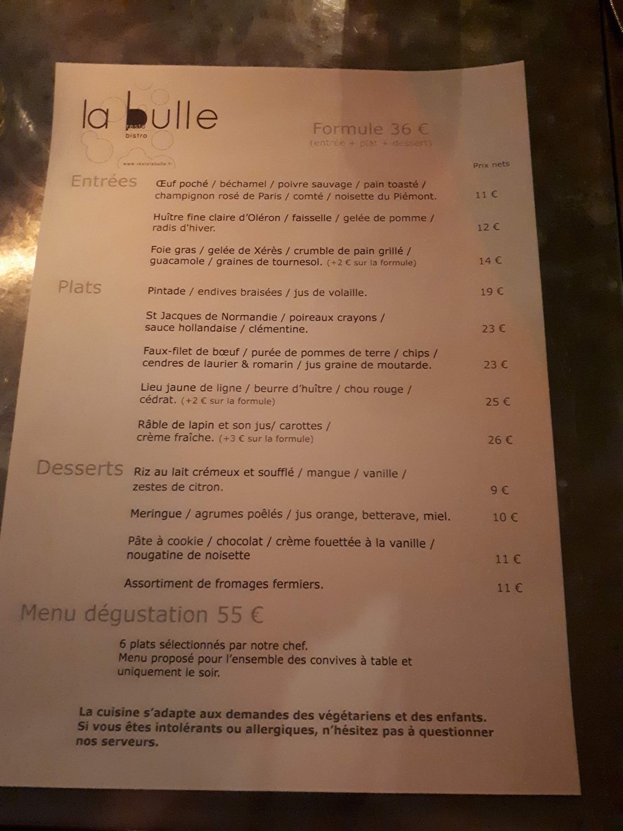 La bulle | Le zinc menu 1