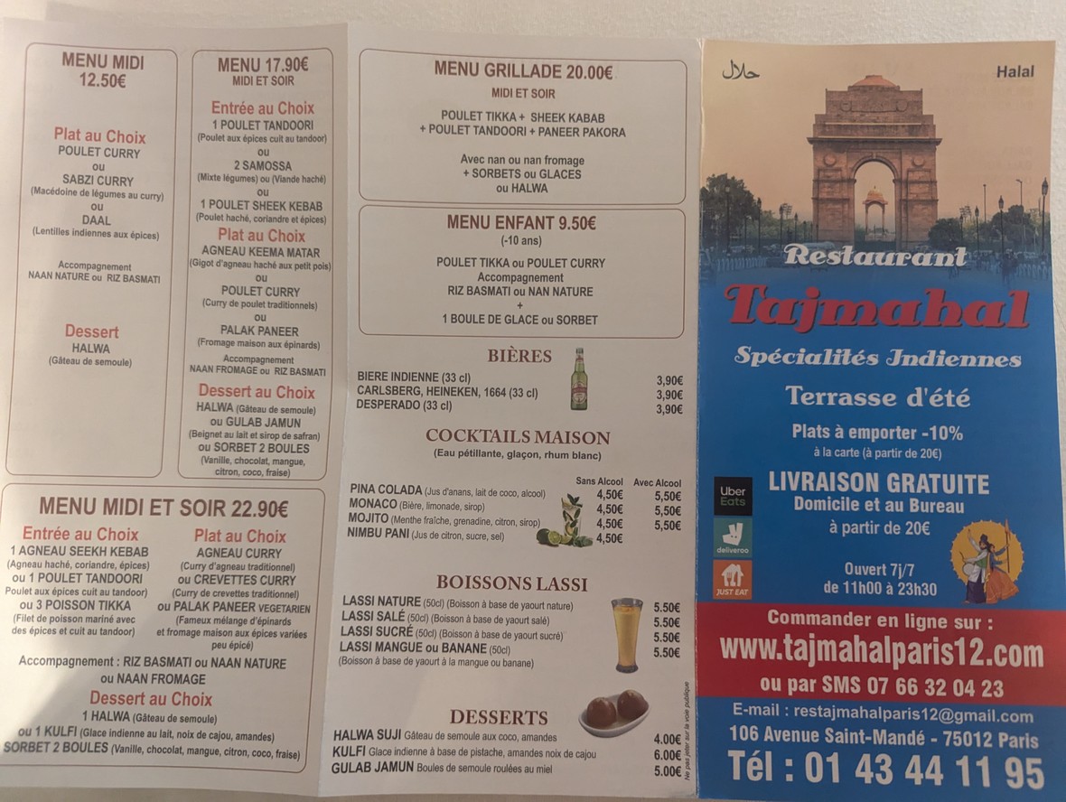 Restaurant Taj Mahal menu 1