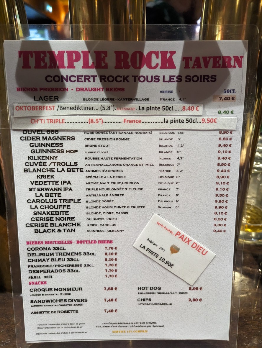 Temple Rock Tavern menu 1