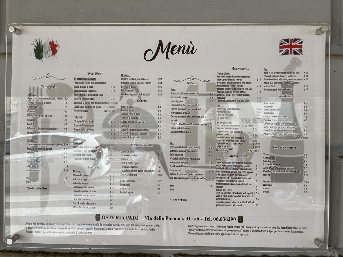 Osteria Padì Vaticano menu 1