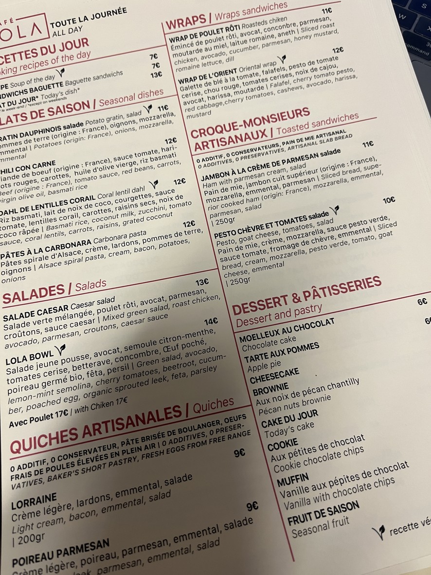 Café Lola - Cinémathèque Française menu 1