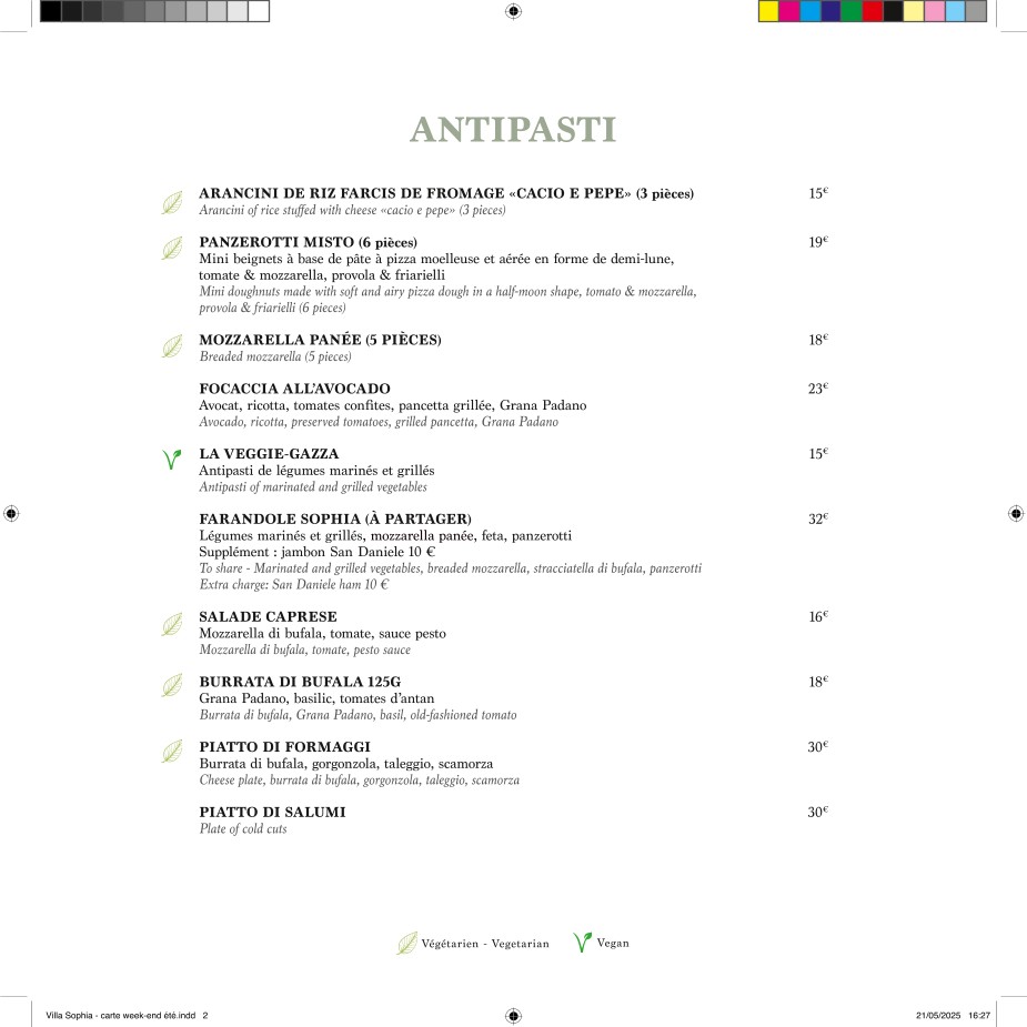 Villa Sophia menu 1