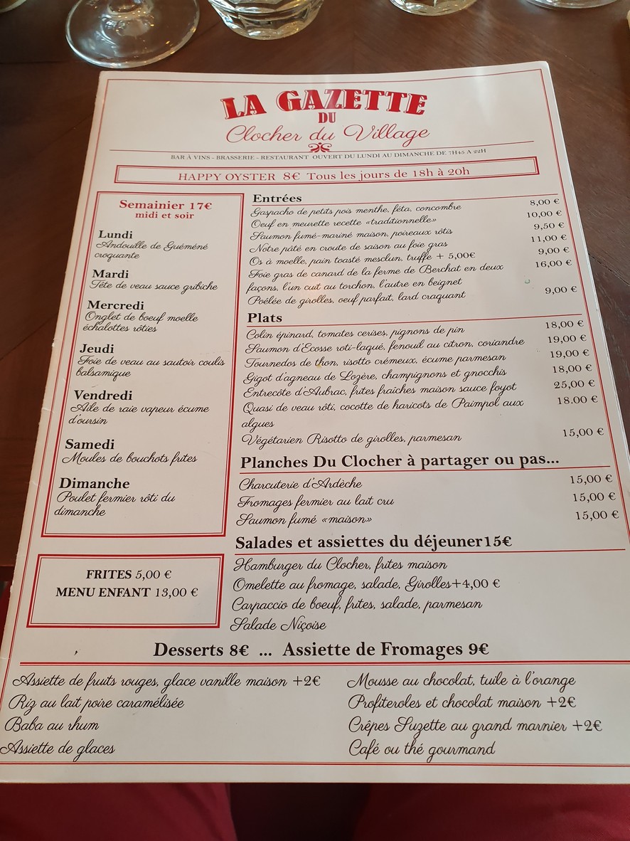 Le Clocher du Village menu 1