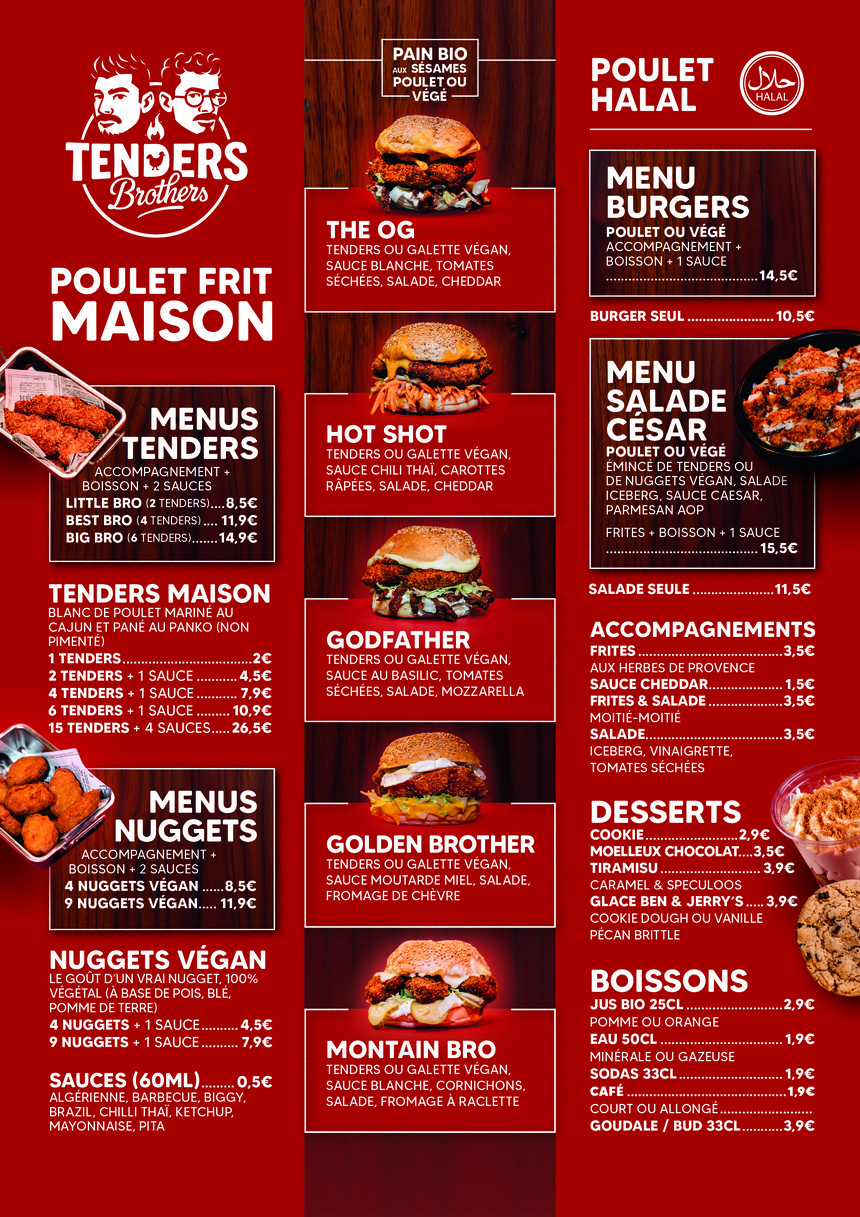 TENDERS BROTHERS menu 1