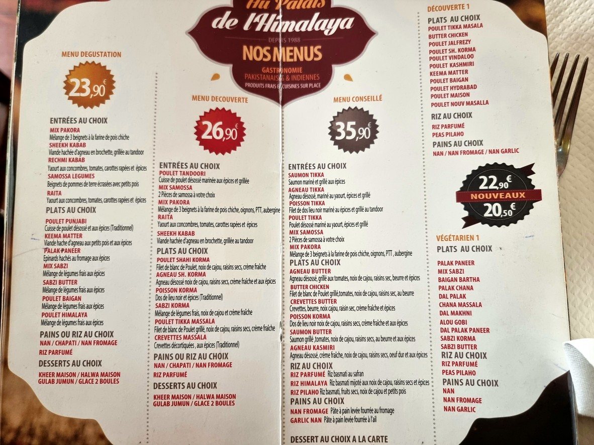 Au Palais de l'Himalaya menu 1
