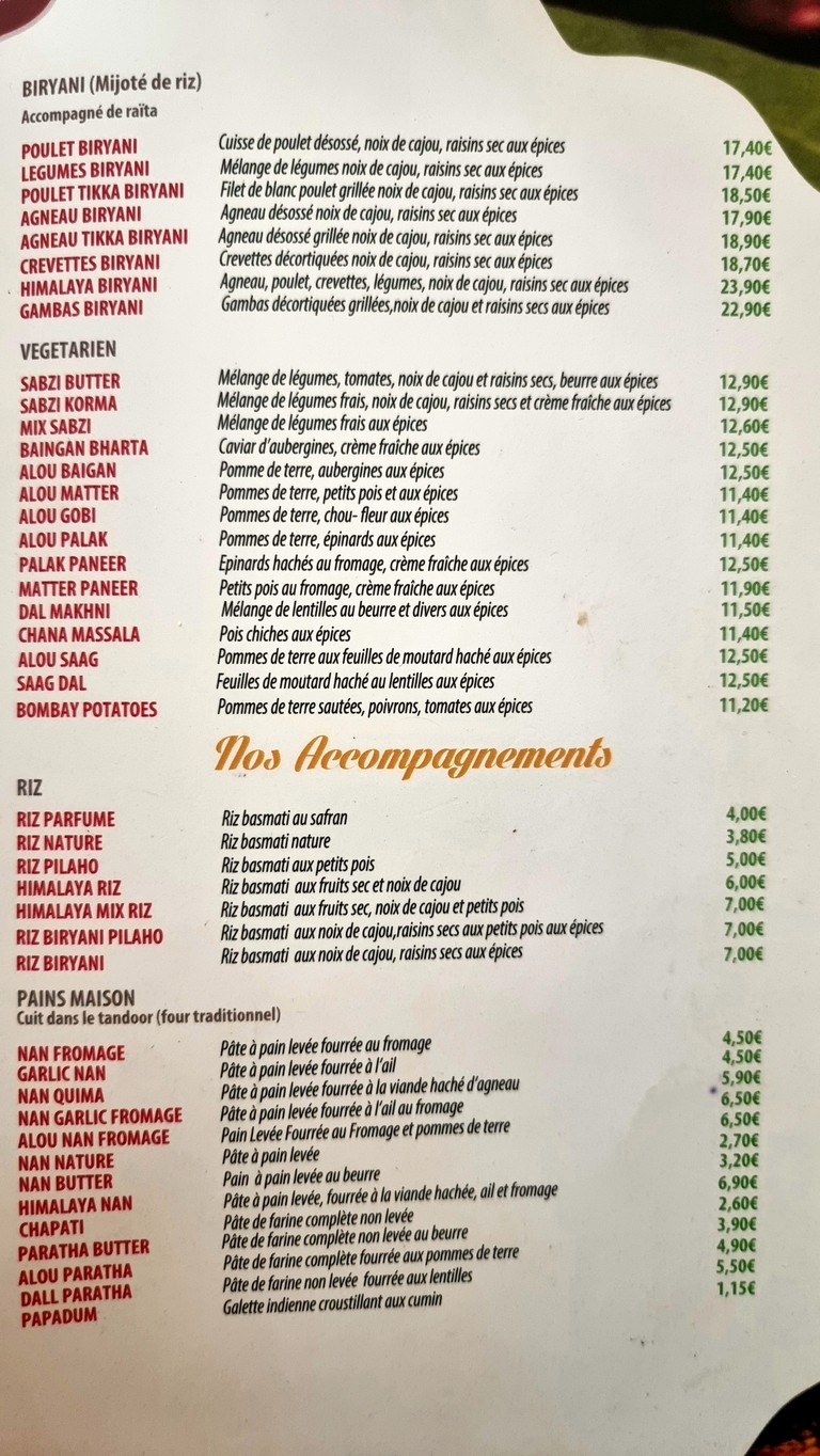 Au Palais de l'Himalaya menu 2