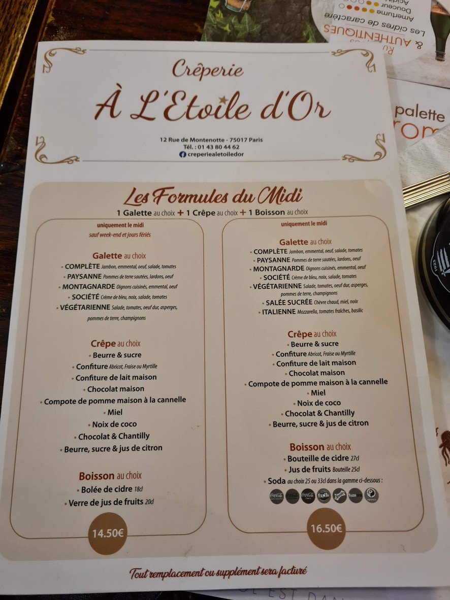 Crêperie A l'Étoile d'Or...Restaurant creperie menu 1