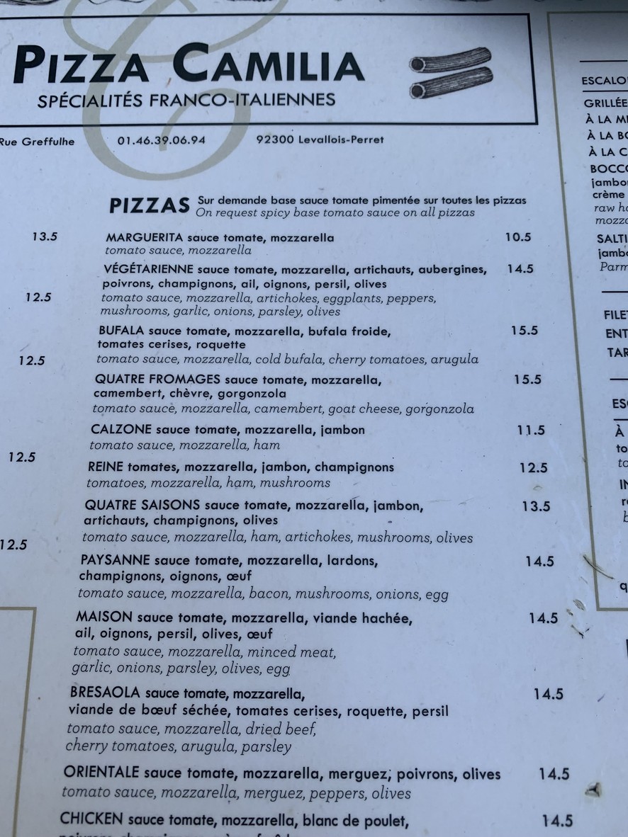 Pizza Camilia menu 2
