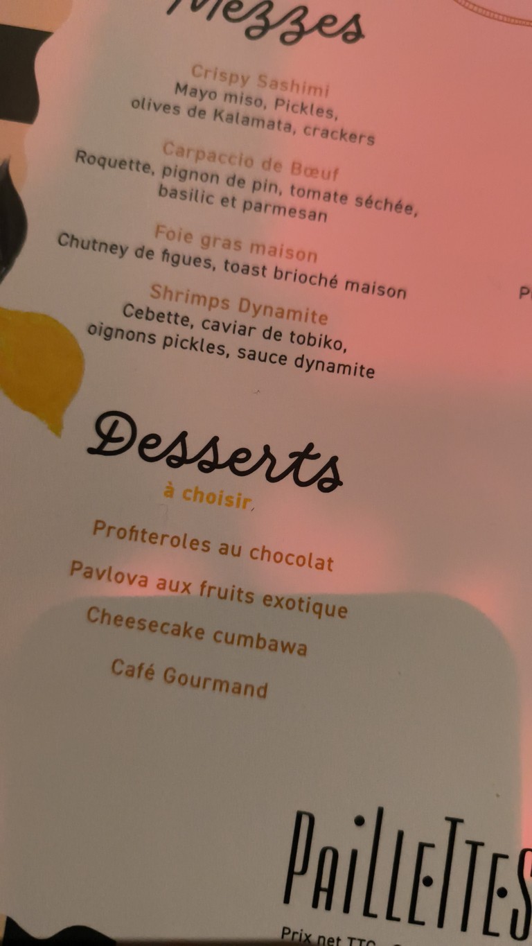 Paillettes Paris Restaurant Festif menu 1