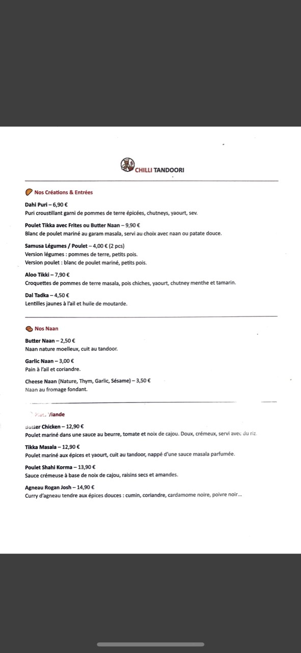 Chilli TANDOORI menu 1