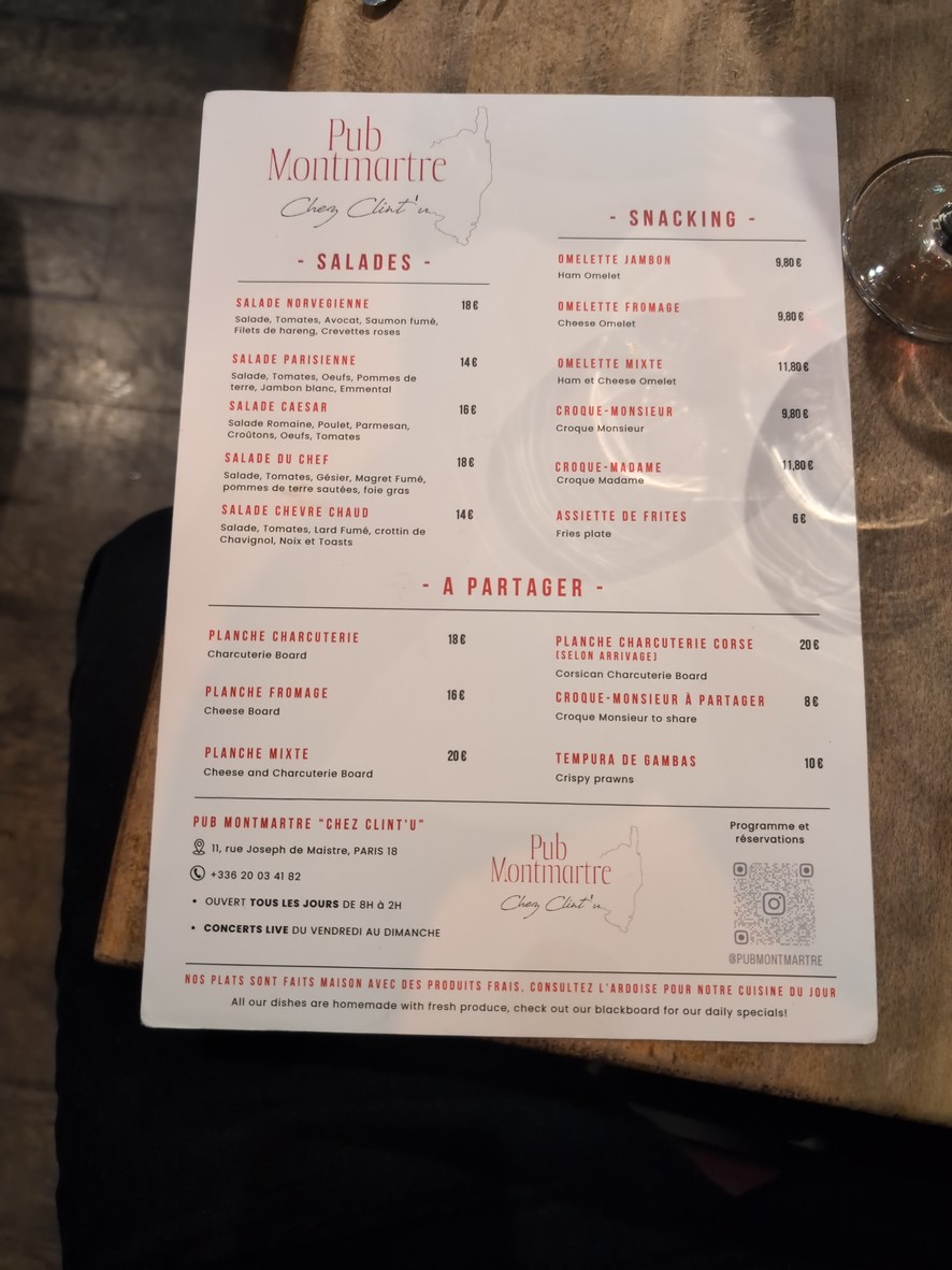 Pub Montmartre menu 1