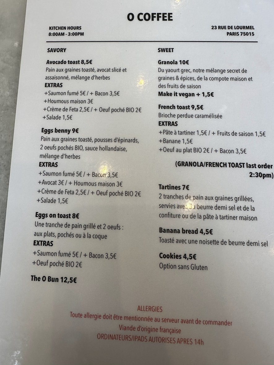 O Coffee menu 1