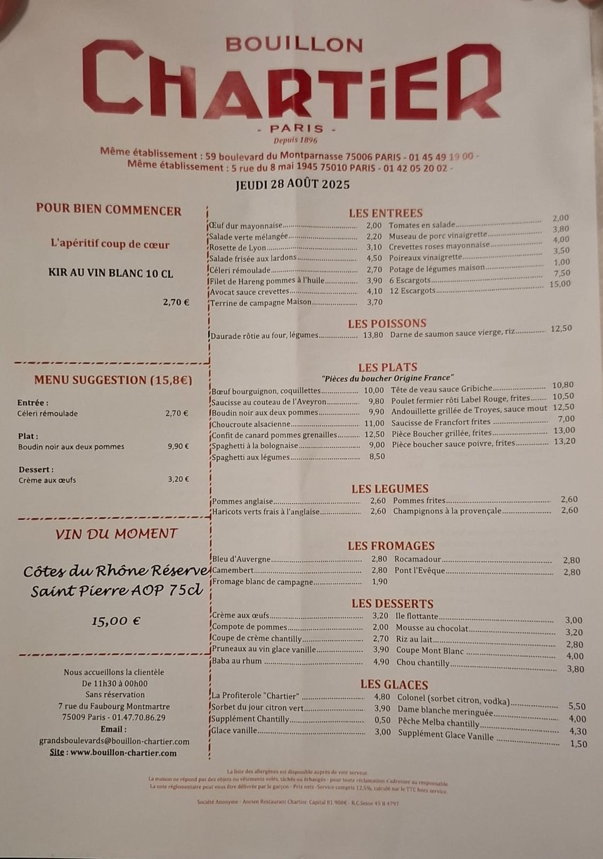 Bouillon Chartier Grands Boulevards menu 1