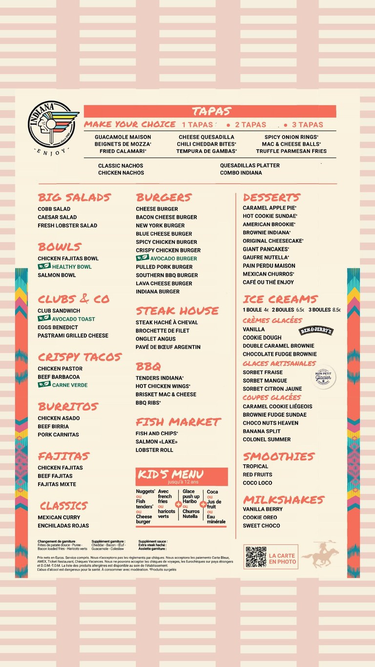Indiana Club - Tolbiac menu 1