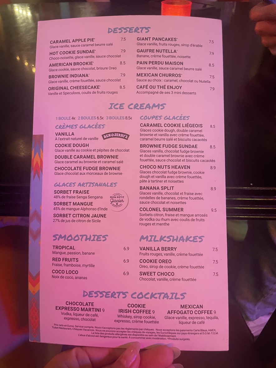 Indiana Club - Tolbiac menu 2