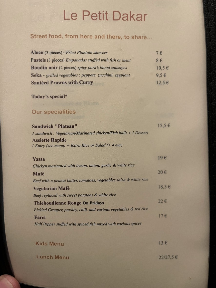 Le Petit Dakar menu 1