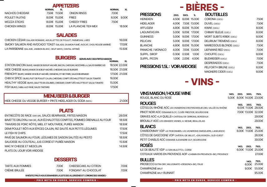 The Hideout Paris Gare du Nord - Pub Paris menu 1