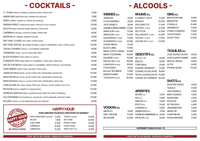 The Hideout Paris Gare du Nord - Pub Paris menu 2