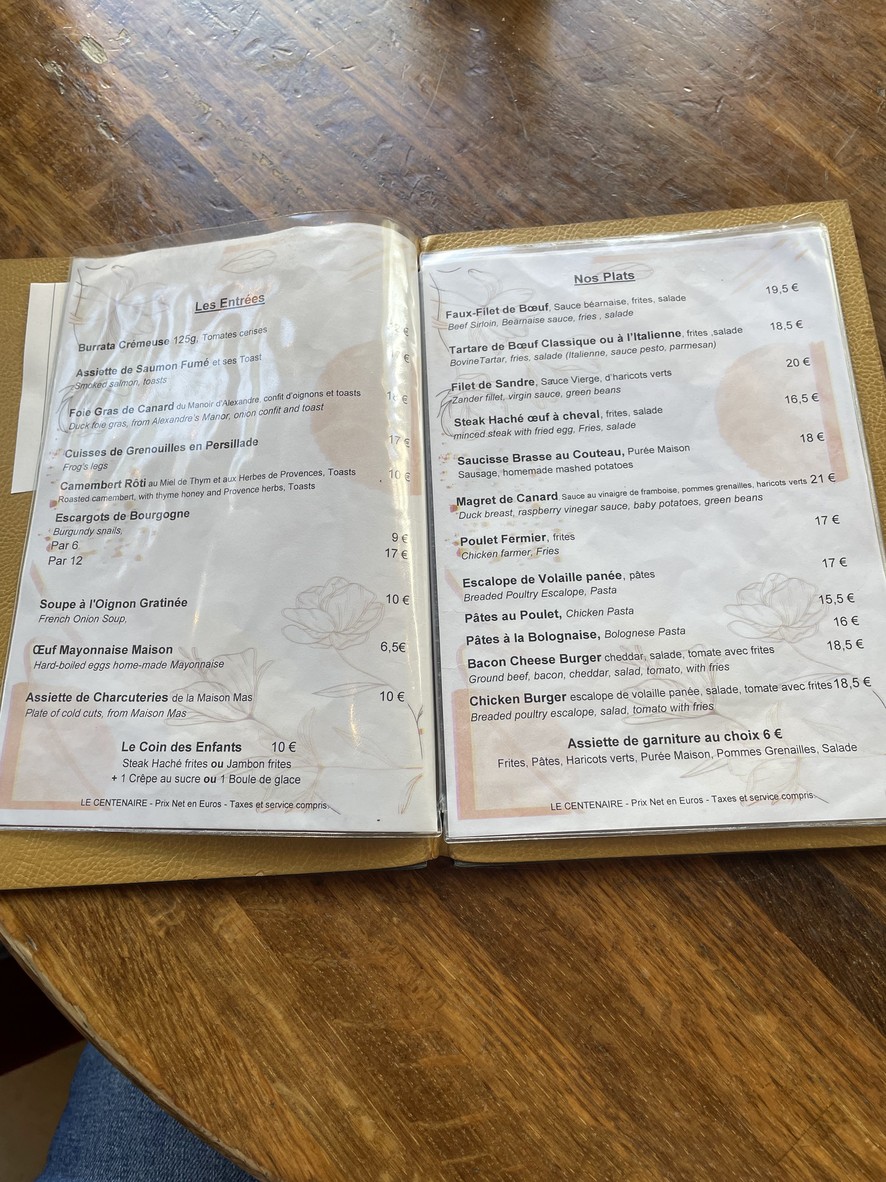 Le Centenaire menu 1