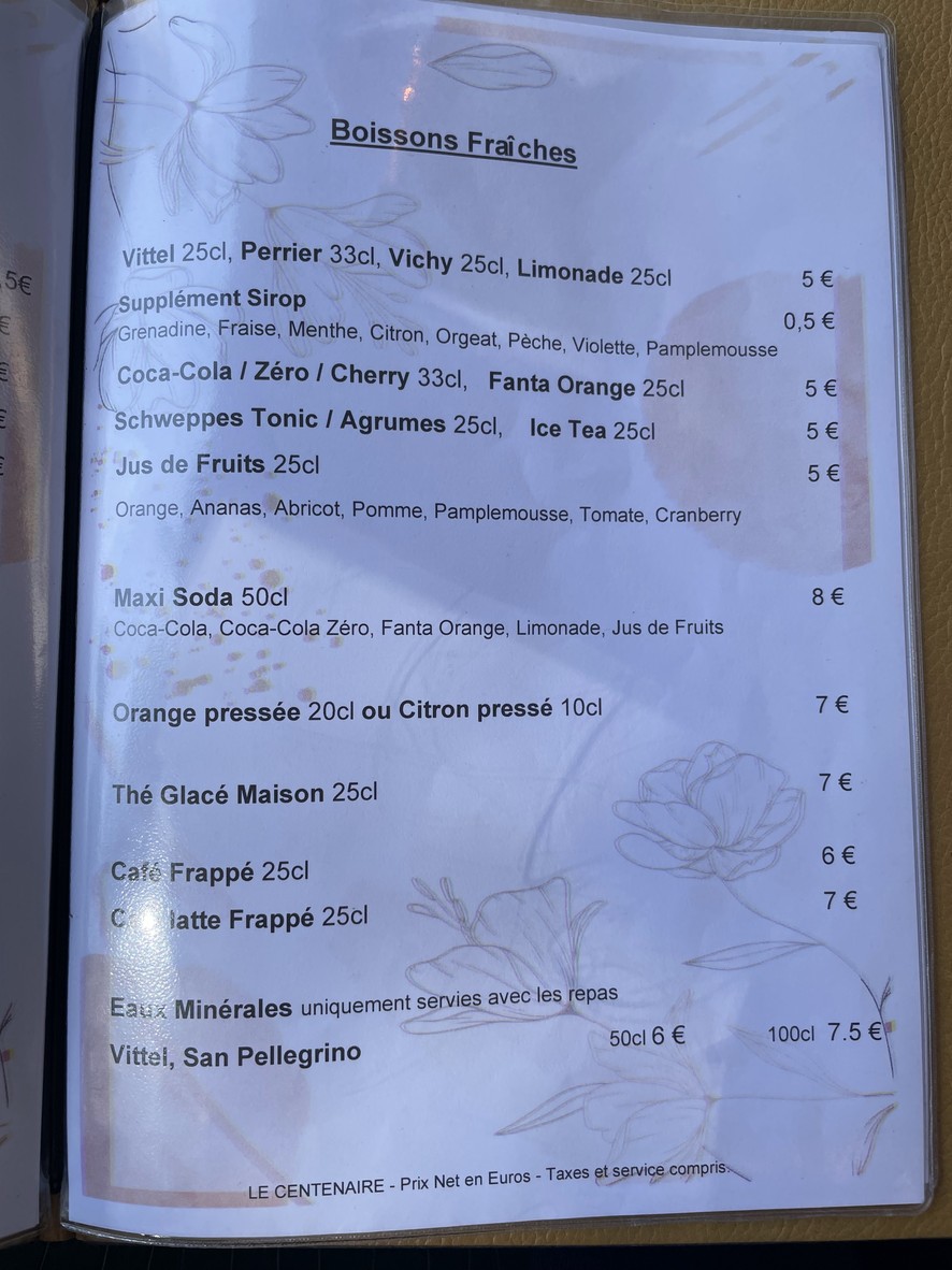 Le Centenaire menu 3
