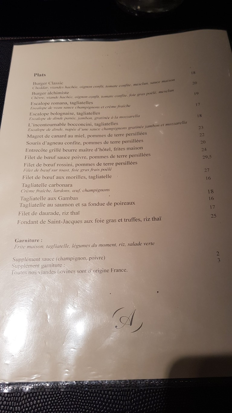 L' Alchimiste menu 2