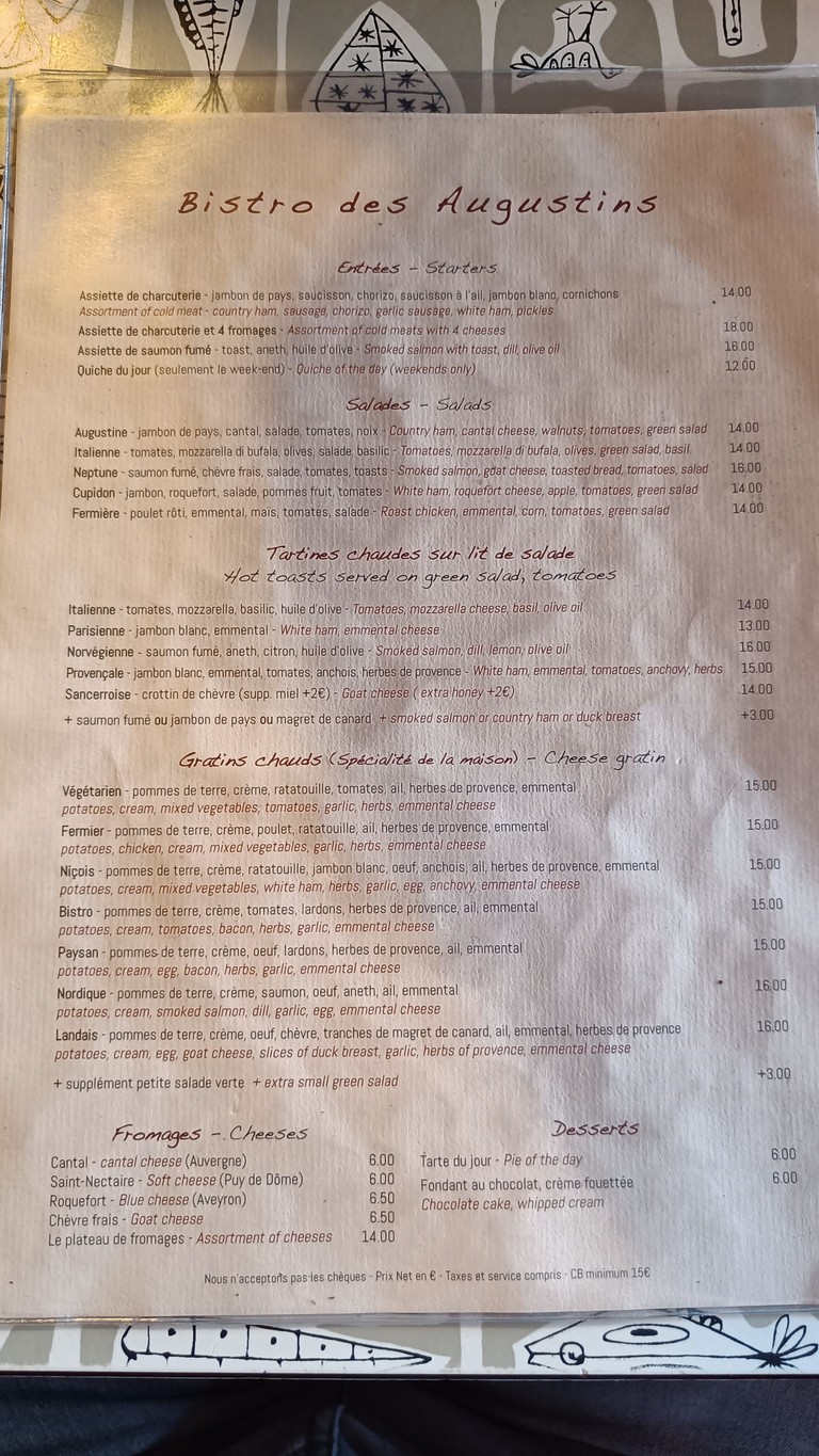 Le Bistro des Augustins menu 1