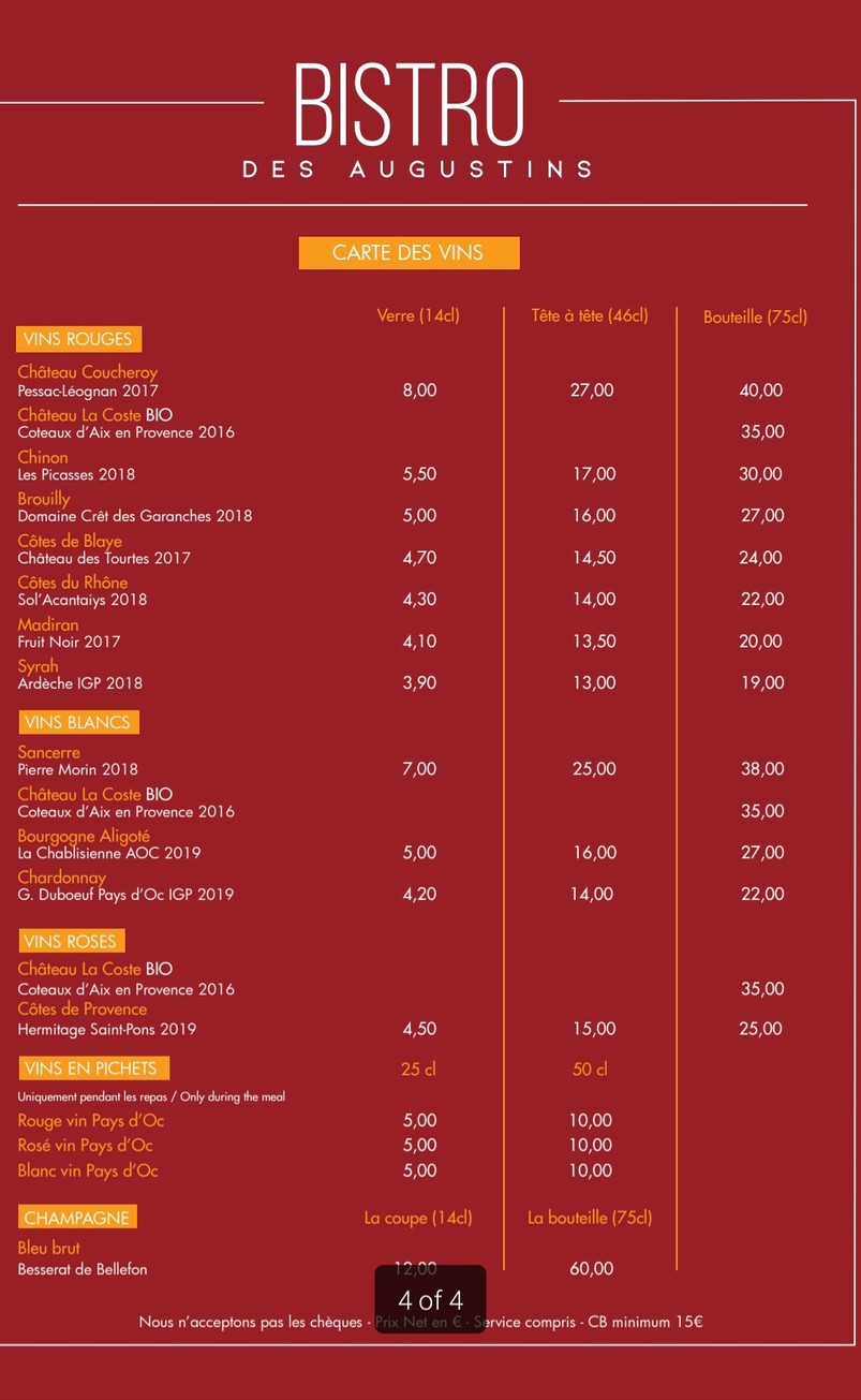 Le Bistro des Augustins menu 2