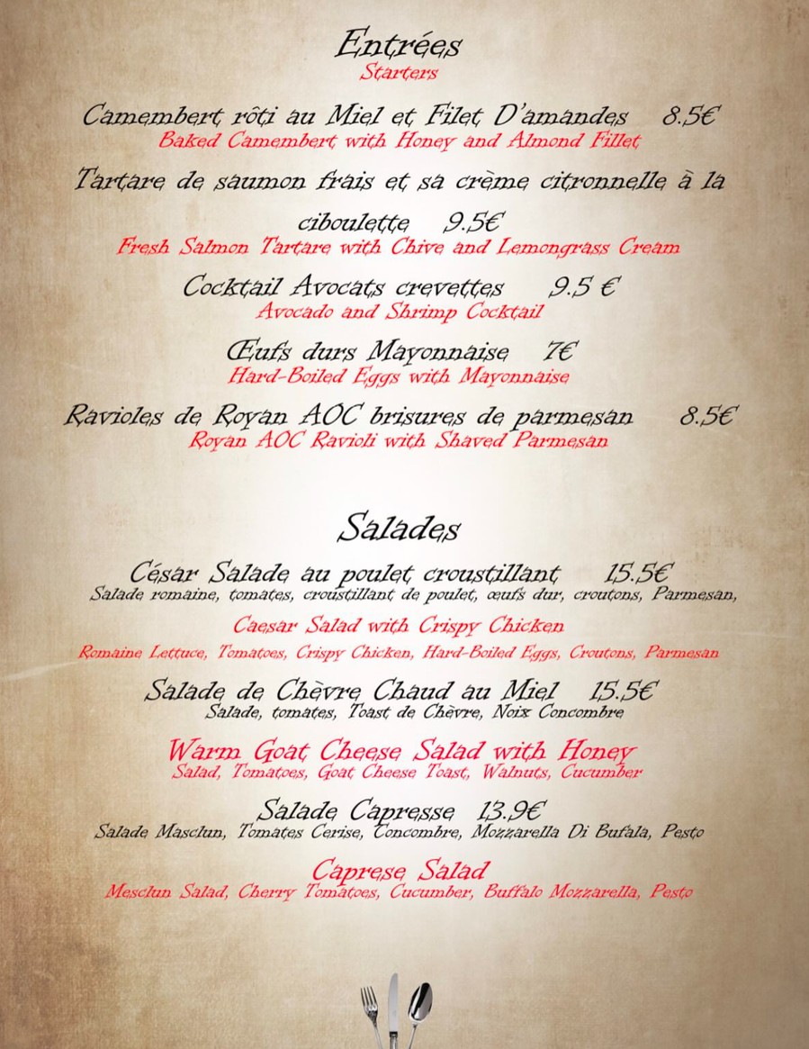 Les Ateliers de Pantin menu 1