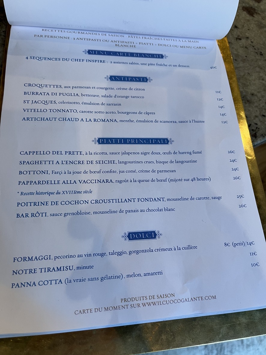 Restaurant franco-italien Il Cuoco Galante - Paris 9 menu 1