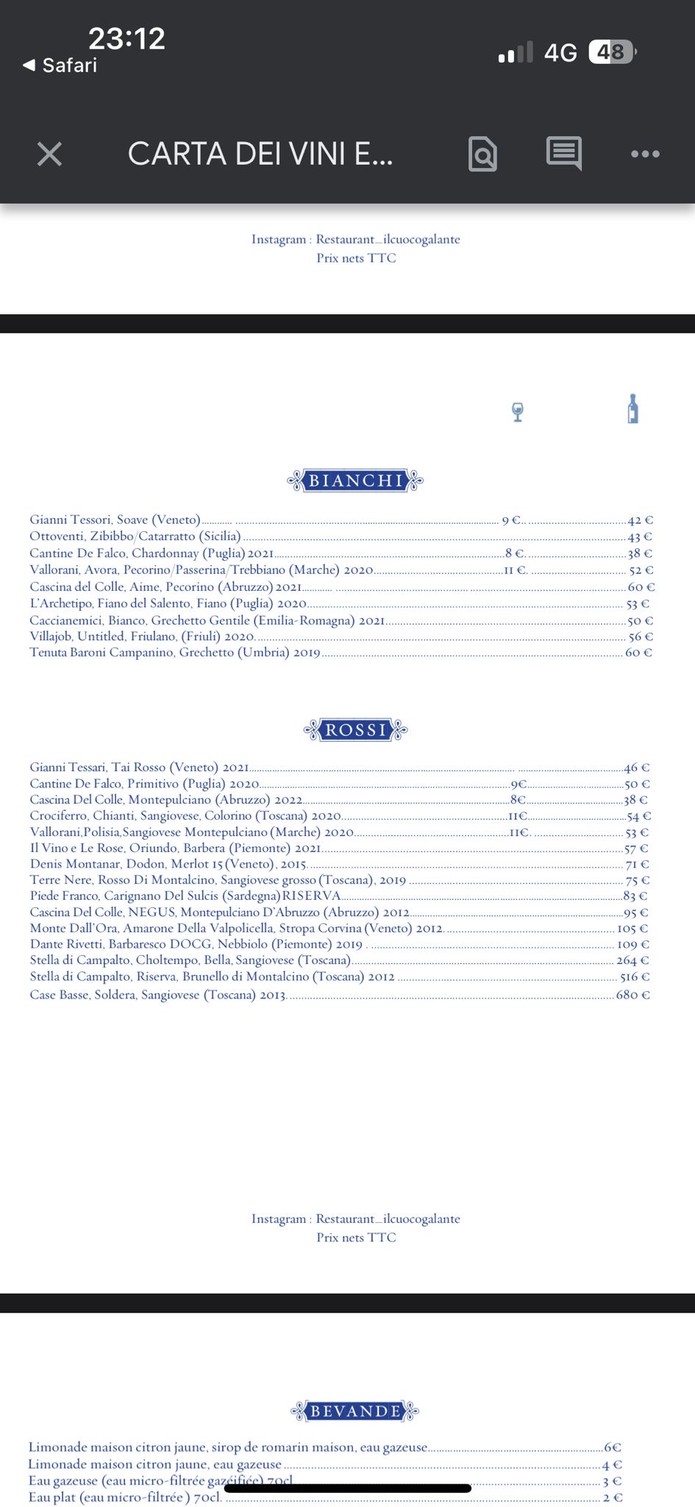 Restaurant franco-italien Il Cuoco Galante - Paris 9 menu 2