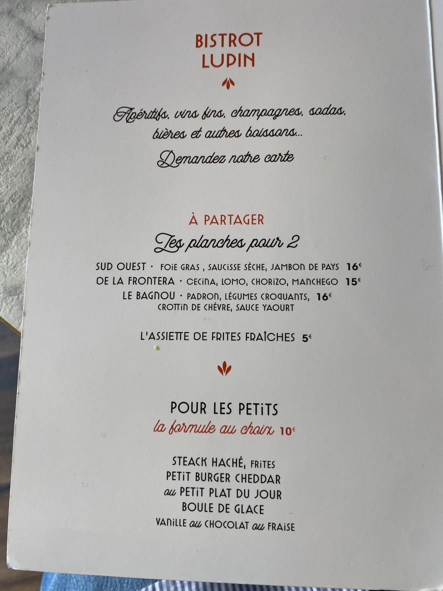 Bistrot Lupin - Bécon les Bruyères menu 1