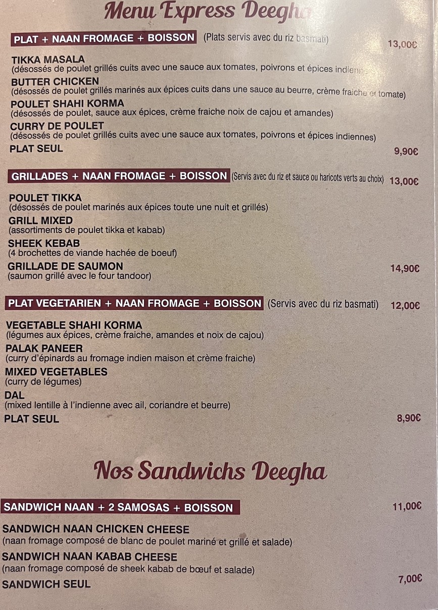 Deegha Cuisine Indienne menu 1
