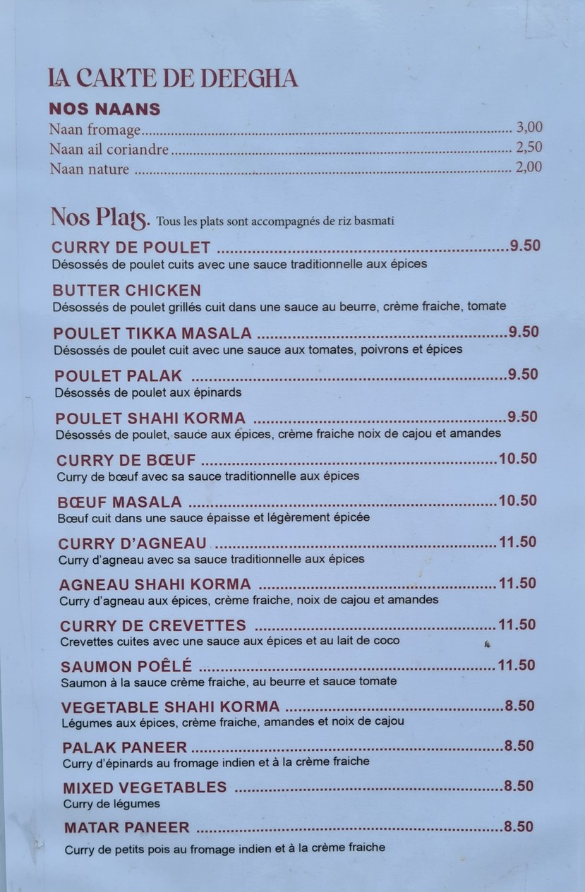 Deegha Cuisine Indienne menu 2