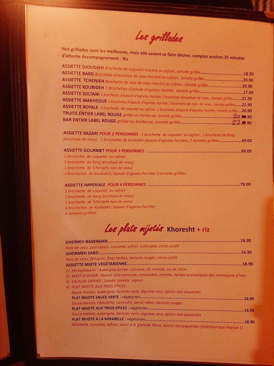 Perchiana Restaurant Paris menu 2