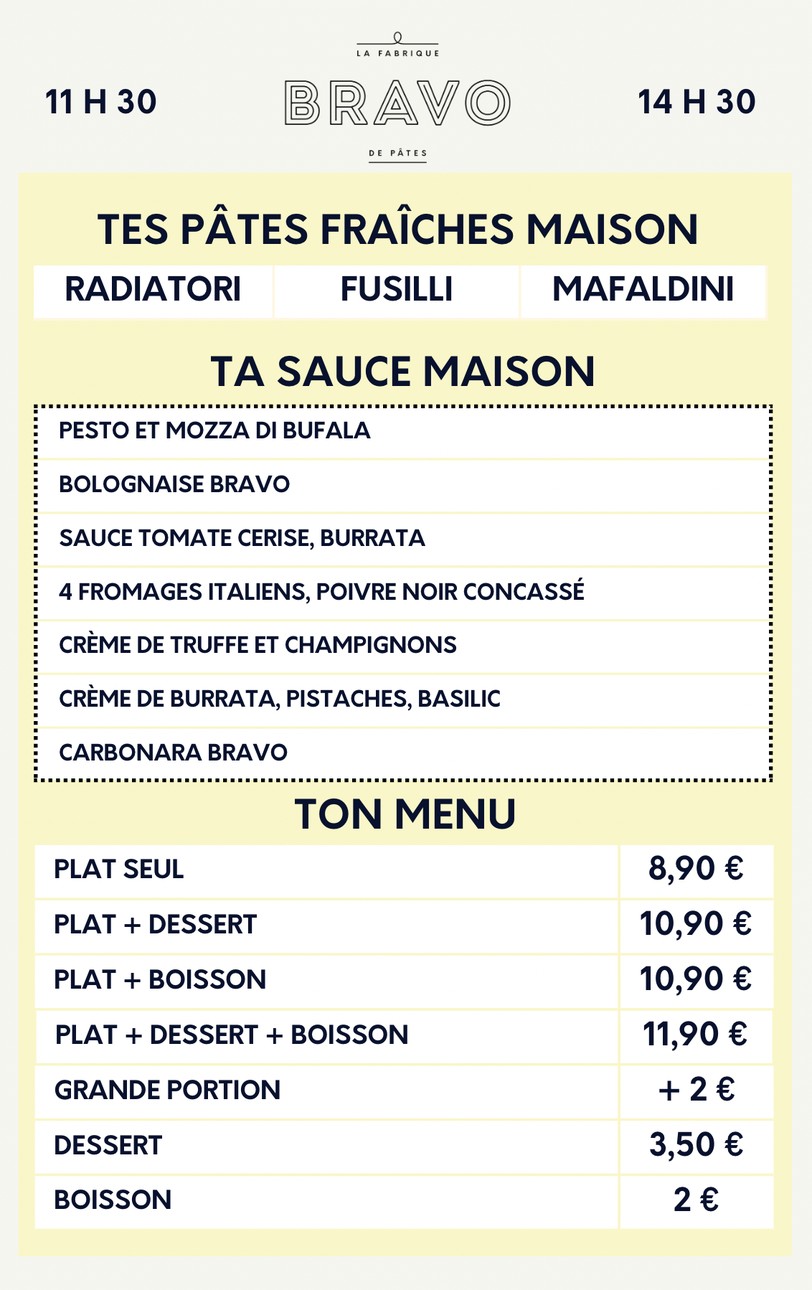 BRAVO, la fabrique de pâtes - JEUNEURS menu 1