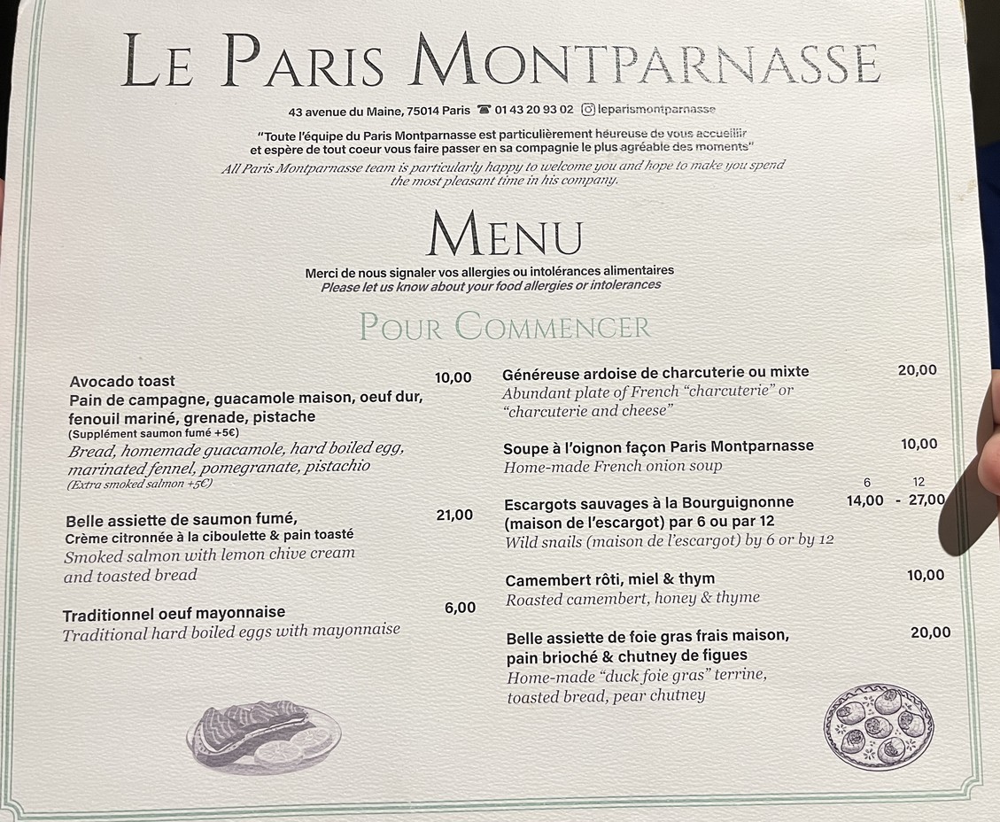 Le Paris Montparnasse menu 1