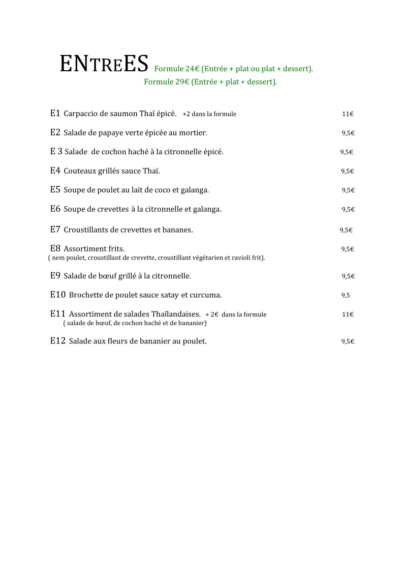 L'échappée Bistrot Thaï menu 1