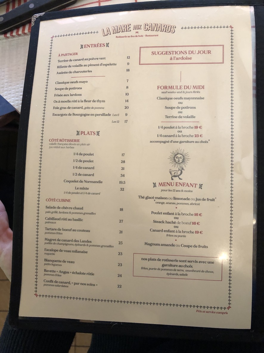 La Mare aux Canards menu 2