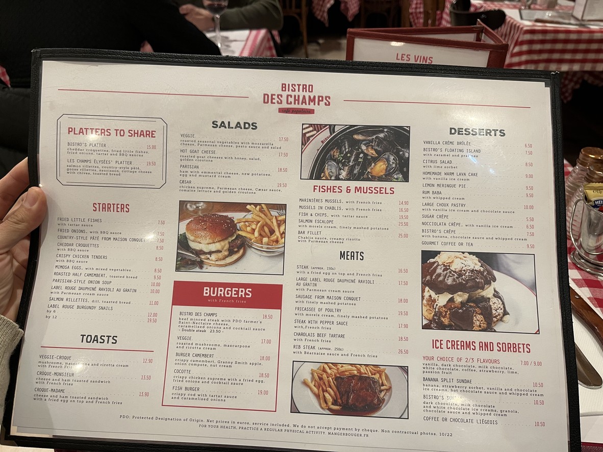 Brasserie des Champs menu 1