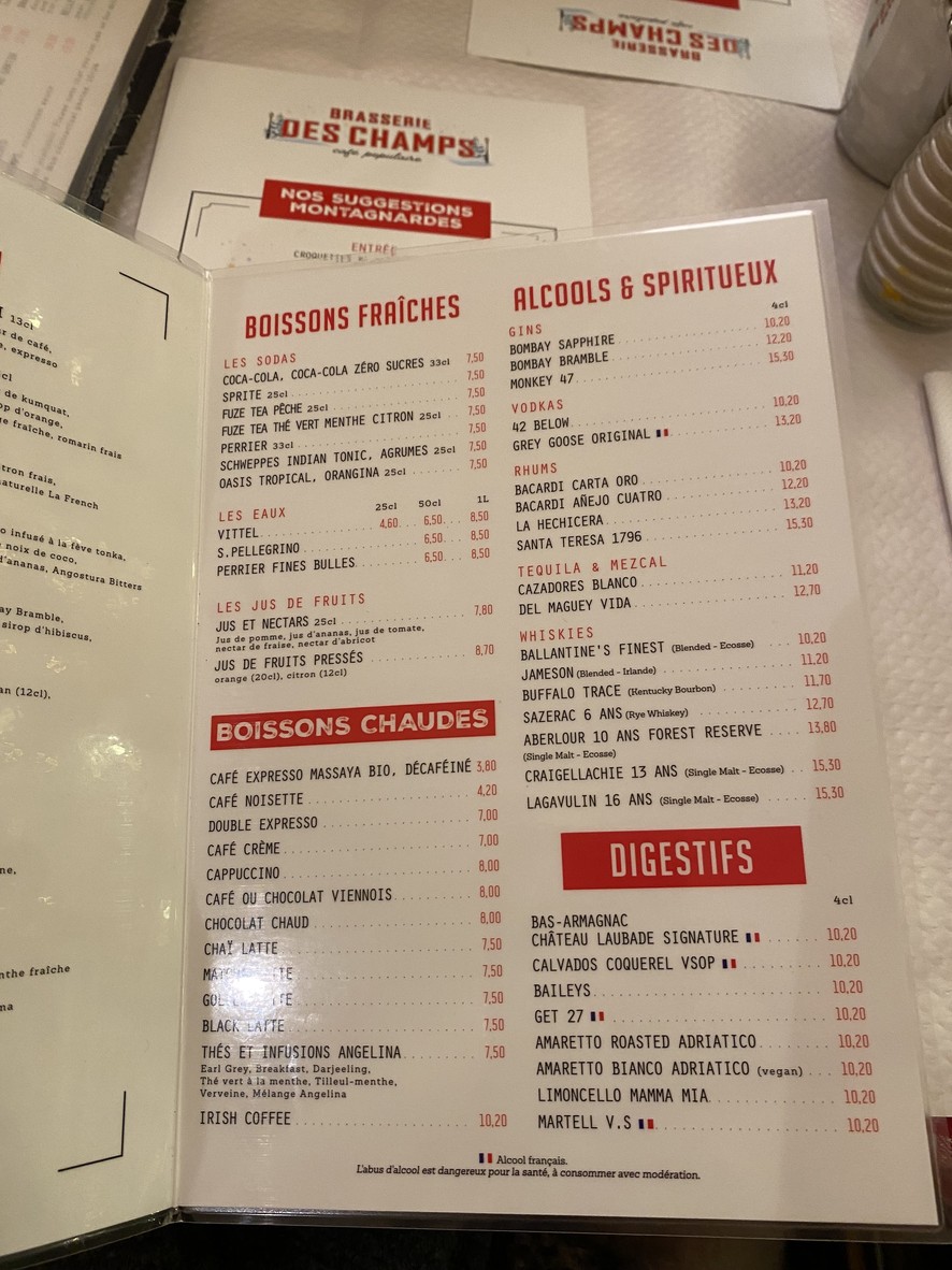 Brasserie des Champs menu 3